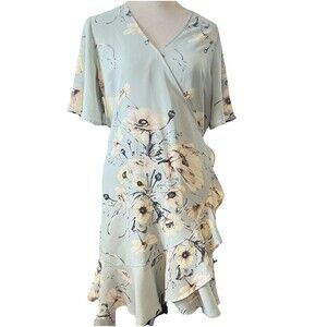 Dex Women's Light Mint Floral Wrap Dress Frill Hem Short Flutter Sleeves Size M